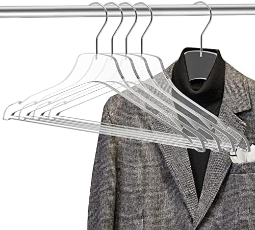 Quality Acrylic Clear Lucite Hangers 5-Pack with Bar Chrome Hooks for Clothes, Pants, Suit Jackets, Coats, and Shirts, Closet and Wardrobe Organization (Chrome/Gloss Silver Hook, 5)