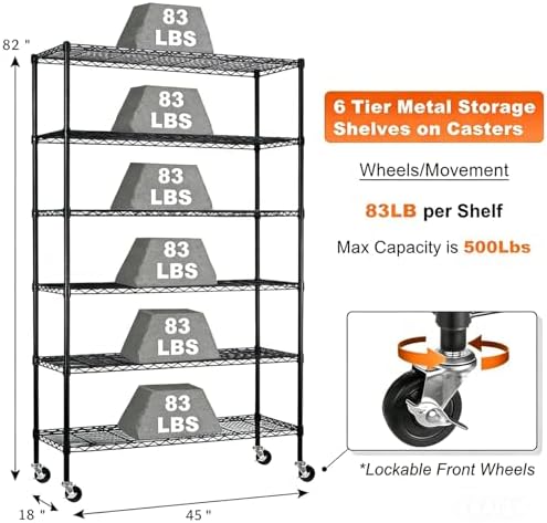 6-Tier Storage Shelves, Heavy Duty Metal Shelving Unit with Wheels | Rust-Resistant Wire Shelf | 45" L x 18" W x 82" H |