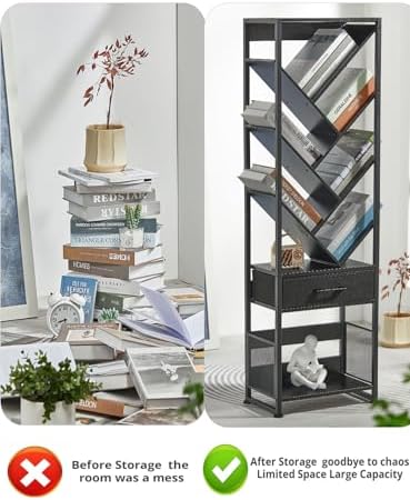Bookshelf with Drawer,10 Tier Tree Bookcase Retro Floor Standing Bookshelves,Tall Wood Bookcases with Cabinet Storage Or
