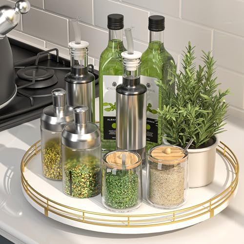 Oroyutor 13-Inch White and Gold Wooden Lazy Susan Spice Organizer