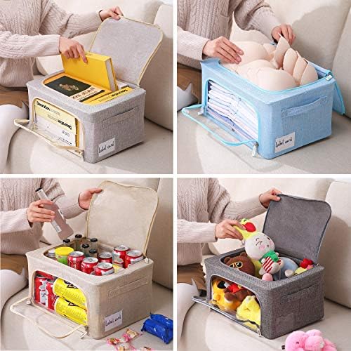 CYhom 3Pack Foldable Storage Bins - Frame Storage Box Linen Fabric Stackable Clothes Container Organizer with Clear Wind