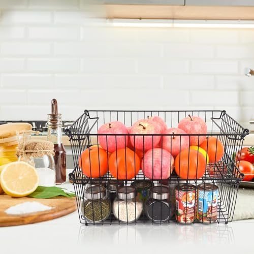 Set of 2 Stackable XXL Wire Baskets For Pantry Storage and Organization -16x12in Large Metal Food Baskets -Vegetable,Fru