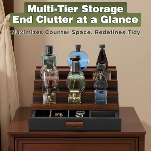 Perfume Cologne Organizer for Men: 4 Tier Wooden Perfumes Stand, Desktop Parfum Holder Wood Display Shelf with Cabinet, 