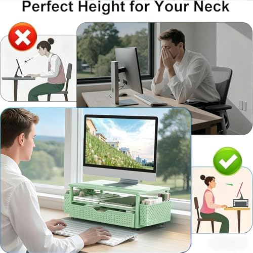 Spacrea Computer Monitor Stand with Drawer and 2 Pen Holders, Sage Green