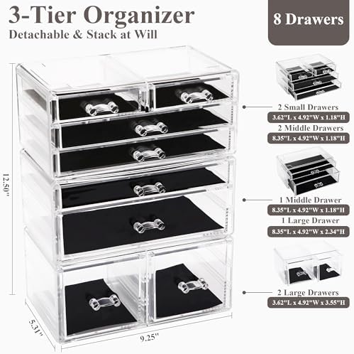 Sea Team 3-Tier Stackable Clear Acrylic Makeup Organizer with Drawers