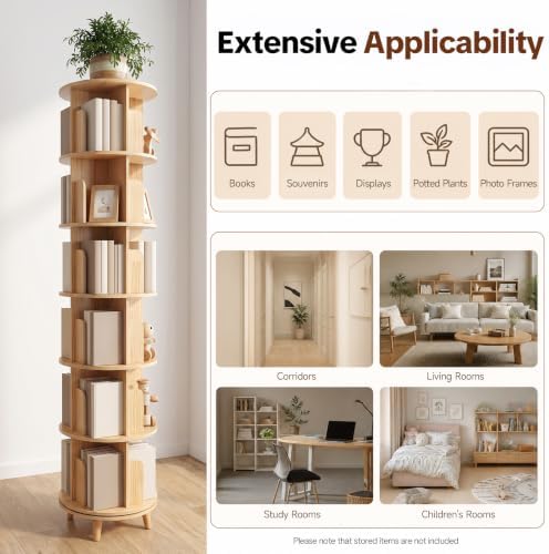 6 Tier Rotating Bookshelf Tower,Solid Wood Bookshelf with Legs,Round Revolving Bookcase for Small Spaces,Spinning Booksh