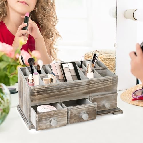 Besti Rustic Vanity Organizer for Cosmetics, Makeup, and Bathroom Accessories, Wooden Farmhouse Storage Box with 3 Drawe