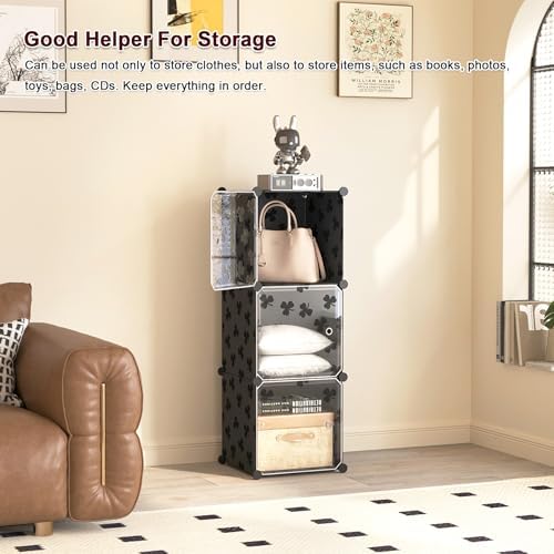 C&AHOME Clover Embossed Storage Organizer with Doors 3-Cube Shelf Black