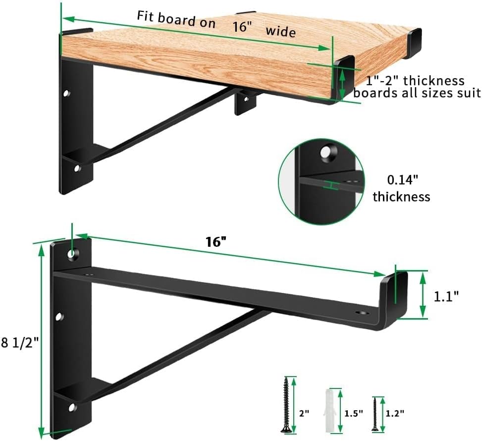 Heavy Duty Shelf Brackets 16 inch, Industrial Wall Brackets with Lip Metal Storage Brackets Outdoor/Indoor Include Screw