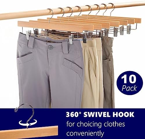 Amber Home 10 Pack Natural Wooden Pants Hangers with Adjustable Clips, 14"