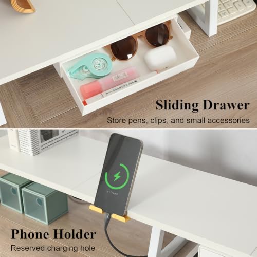 TEAMIX 42 inch Dual Monitor Stand with Storage Drawer & Phone Holder, White