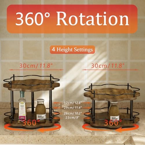 2 Tier Lazy Susan Organizer,2-Tier Spinning Spice Rack with Stable Carousel Base & 4 Height Settings for Cupboard Kitche