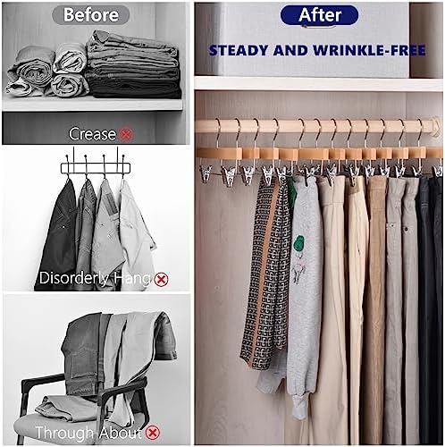 Amber Home 10 Pack Natural Wooden Pants Hangers with Adjustable Clips, 14"