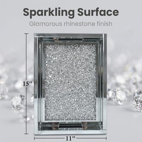 Large Vanity Tray for Perfume Organizer, 15x11 Inch Silver Mirror Tray with Handles, Crushed Diamond Tray for Bathroom C