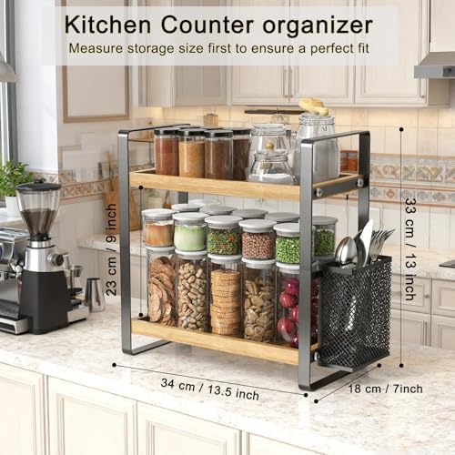 LEMIKKLE 2-Tier Coffee Bar Organizer With Basket,Wooden Counter Shelf for Coffee Bar Accessories,Kitchen Spice Rack Orga