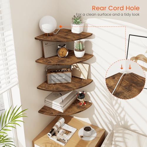 Homode Corner Wall Shelf, 12 Inch Wide Wooden Corner Floating Shelves with Cord Hole, Set of 4 Round Corner Hanging Stor