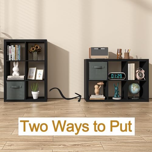 furtble Bookshelf with Storage Bins, 6 Cube Storage Organizer, Modern Wood Bookcase, Multifunctional Display Shelf for L