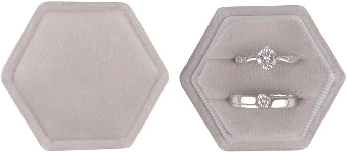 DesignSter Velvet Ring Box Hexagon - Premium Gorgeous Vintage Double Ring Display Holder with Detachable Lid for Proposal, Engagement, Wedding, Ceremony (Gray)