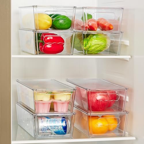 Vtopmart 8pcs Clear Organizers and Storage Bins with Lids, Stackable Plastic Storage Containers with Handles for Fridge,
