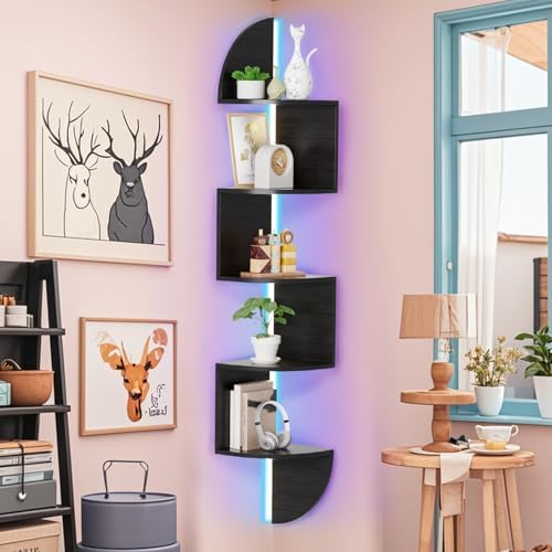 Waipfaru Corner Shelf, 5 Tier Bookshelf with LED Light, Corner Shelf Wall Mounted, Floating Shelves for Wall, Display St