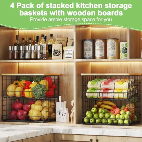 4 Pack Stackable Wire Baskets for Pantry Organizers and Storage, Pantry Baskets with Fixed Wooden Top, Fruit and Vegetab