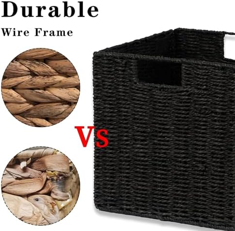 Vagusicc Wicker Storage Basket, Set of 2 Hand-Woven Wicker Basket, Foldable Cube Storage Bin, Black Storage Basket, Squa