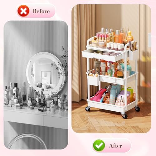 SUNALLY Makeup Cart Organizer with Drawer,3 Tier Rolling Makeup Cart, White