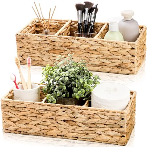 Pumtus 2 Pack 3-Section Woven Baskets, Water Hyacinth Storage Bin, Handwoven Desk Organizer, Toilet Paper Container, Rec