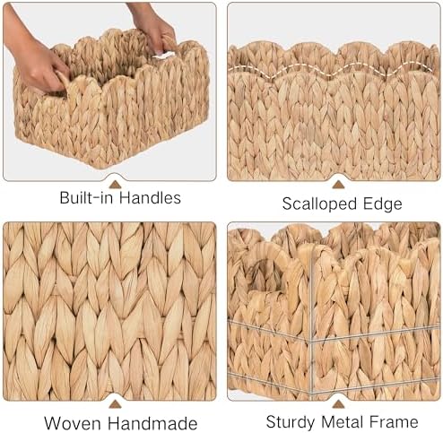 iEGrow Scalloped Wicker Basket, Set of 2 Woven Rattan Natural Water Hyacinth Baskets with Built-in Handles, Rectangle Storage Baskets for Organizing, Decor, Shelf and Nursery Room