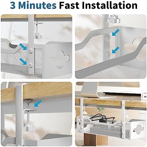 Under Desk Cable Management Tray No Drill, 13.38'' Metal Tray with Clamp for Wire Management, Litwaro Cord Organizer Hom