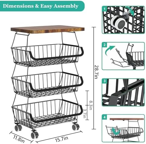 CHLORYARD Fruit Basket with Wooden Lid for Kitchen, 4-Tier Stackable Wire Fruit Vegetable Storage Basket Organizer Stand