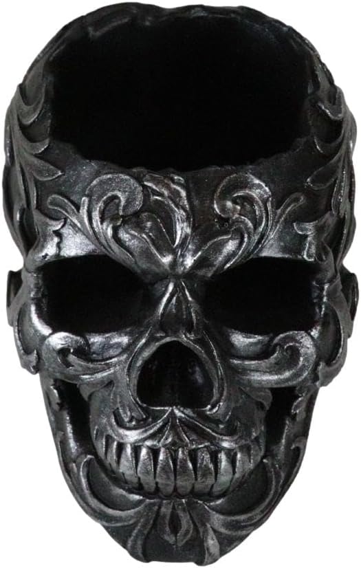 Ebros Gift Tribal Tattoo Floral Skull Pen Holder Figurine 5.75" L Office Desktop Ossuary Skulls Decor Cranium Skeleton Head Stationery Holder As Halloween Macabre Graveyard Spooky Decorative Statue