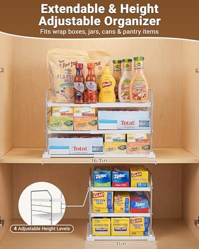 EVERIE Extendable 3-Tier Kitchen Cabinet & Pantry Organizer for Plastic Wrap, Foil & Storage Bags, Adjustable Heavy Duty