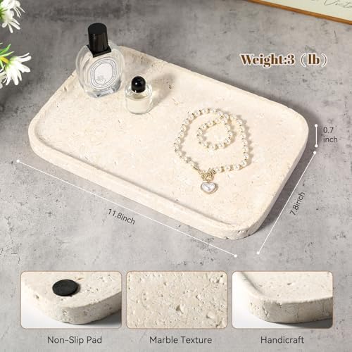Karibiber Natural Marble Vanity Tray, 11.8" Marble/Stone Bathroom Tray Countertop, Beige Tray for Decor, Perfume Jewelry