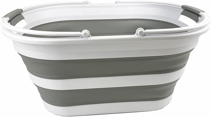 SAMMART 38L (10 Gallons) Collapsible Plastic Laundry Basket - Foldable Storage Container/Organizer - Portable Washing Tub - Space Saving Laundry Hamper (White/Grey)