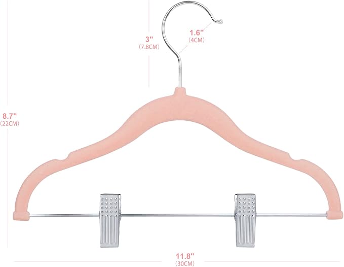 ManGotree 11.8'' Baby Velvet Hangers with Movable Clips, Non-Slip Kids Clothes Hangers, Ultra-Thin Space-Saving Children's Felt Hangers for Shirts, Pants, Dresses, Skirts, Jackets (16 Pack, Pink)