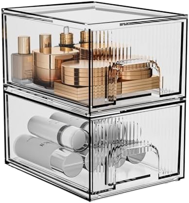 ZHIAI 2 Pack Clear Stackable Cosmetic Organizer, Acrylic Drawer, Plastic Organizer for Dresser, Vanity, Kitchen Cabinet,