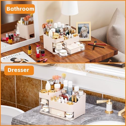 Pink Make up Organizers for Vanity with 3 Drawers,Large Skincare Organizers for Countertop,Desk,Dresser,Plastic Bathroom
