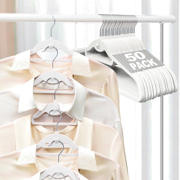 Velvet Felt Stackable Hangers 50 Pack, Thin & Space Saving, White
