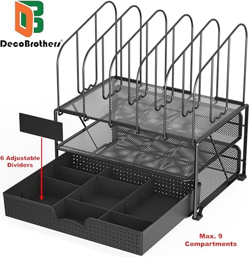 Deco Brothers Mesh Desk Organizer with Double Tray, 5 Upright Sections and Sliding Drawer, Black