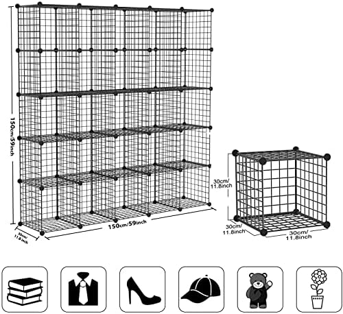 Wire Cube Storage Organizer, 25-Cube Modular Mental Grids Bookshelf, DIY Stackable Closet Cabinet for Bedroom Living Roo