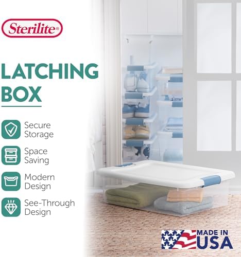Sterilite Latching Box with Lids for Home and Office, 32 Quart, 12-Pack