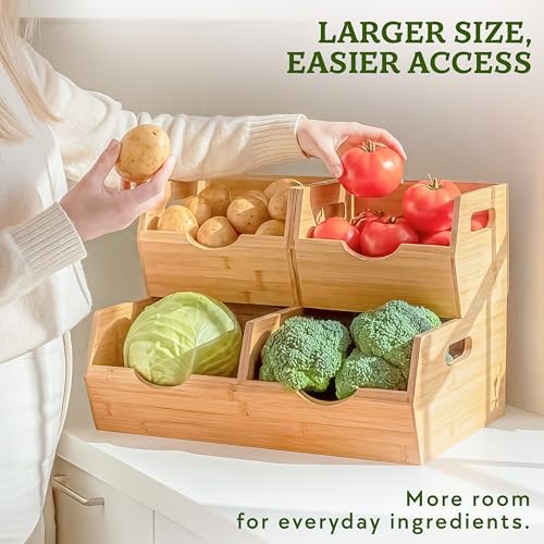 HOMESTEAD Extra Large Bamboo Pantry Storage Bins – 30% Larger, Stackable Potato Onion Storage Bin, Pantry Organizers and