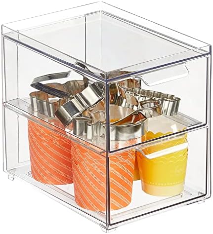 mDesign Stackable Storage Containers Box with 2 Pull-Out Drawers - Stacking Plastic Drawer Bins for Kitchen Pantry and C