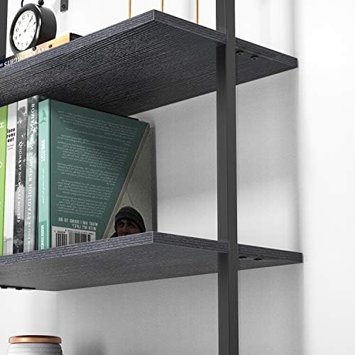 Ladder Shelf Bookshelf, 5-Tier Industrial Bookshelf with Metal Frame and Wood Board, Wall Mounted Bookcase Open Shelf Or