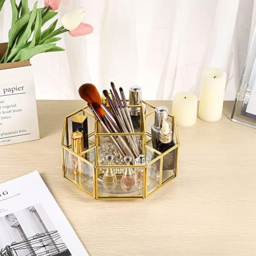 Hipiwe 360 Degree Rotating Glass Makeup Organizer with 5-Slot Vanity Holder