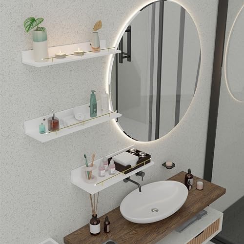 Giftgarden 16 Inch White Floating Shelves with Gold Metal Guardrail, Wood Shelves for Wall Storage Set of 3, Wall Shelf 