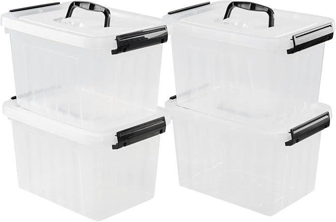 Ramddy 6 Quart Plastic Latching Storage Bin, 4 Pack Container Box with Lid | See Through Clear