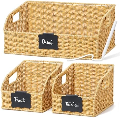 Pantry Baskets for Organizing,Wicker Storage Bins, 3Pack, Natural