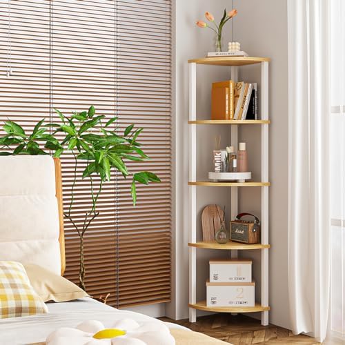 VIMBER Corner Shelf, 5-Tier Corner Bookshelf, Industrial Corner Ladder Shelf, Rustic Display Shelf for Living Room, Bedr